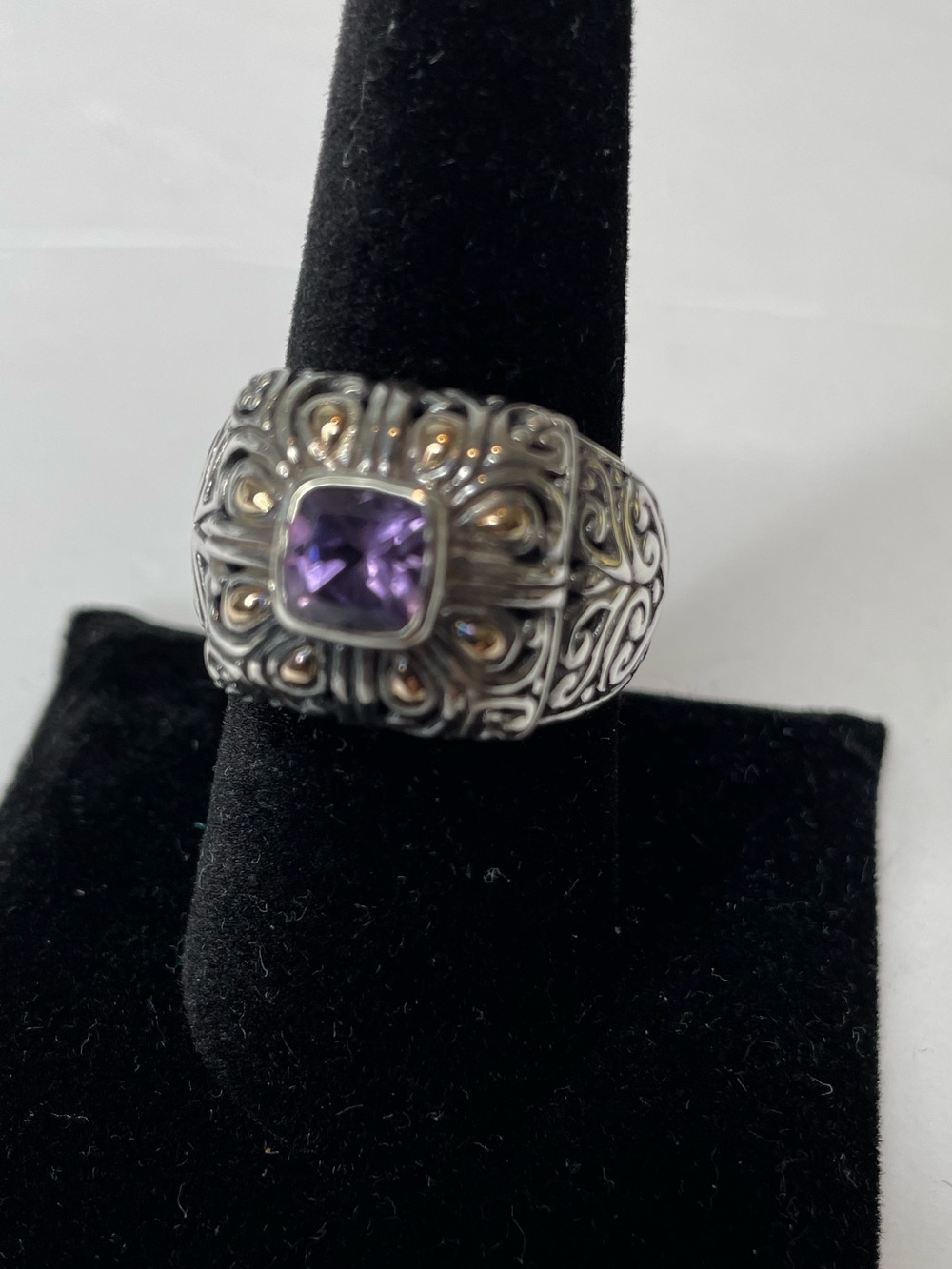 Sterling Silver Filigree Ring with Purple amethyst & 14K Gold  Detail - Size 7